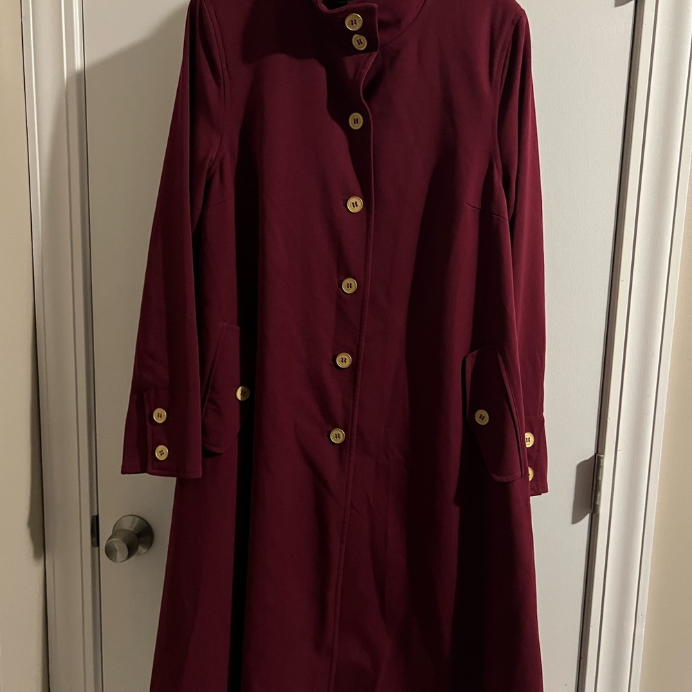 Isaac Mizrahi Burgundy Trench Coat with Gold Buttons